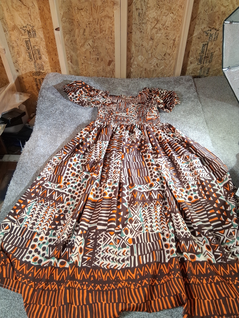 Truly 4 You Cottage Boho Smocked Maxi Dress in Brown & Orange Print
